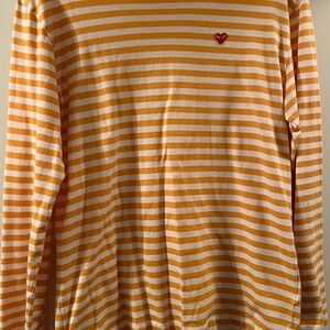 Comme des Garcons PLAY Yellow & White Striped Long Sleeve Tee with Red Heart